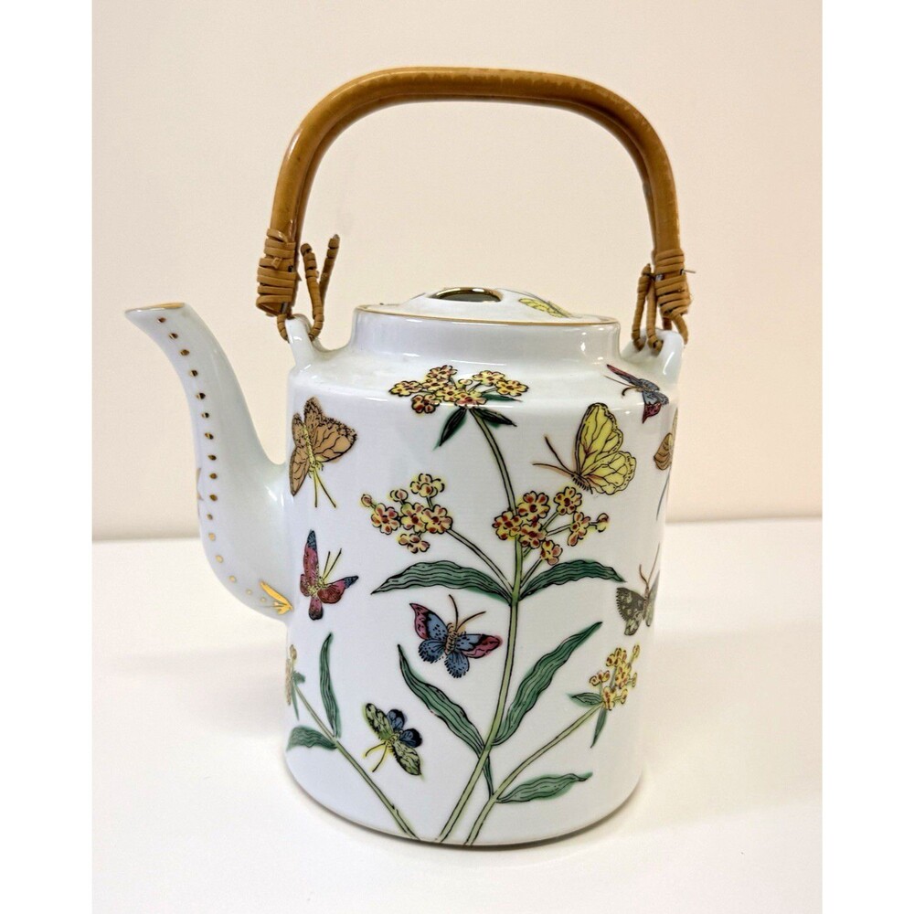 Robinson's Hand Painted Porcelain Teapot w/ Lid Bamboo Handle Floral Butterfly